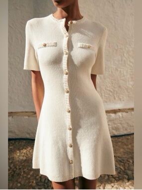 H&M Cream Short-Sleeve Button-Front Knit Mini Dress